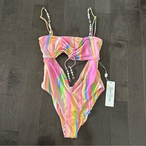 NWT Beach Bunny Swim‎ Liz One Piece Monokini Retro Colorful Beaded Pearl Shell S